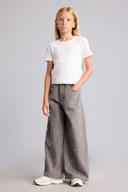 90's Wide Leg Desenli Pantolon Kız Çocuk