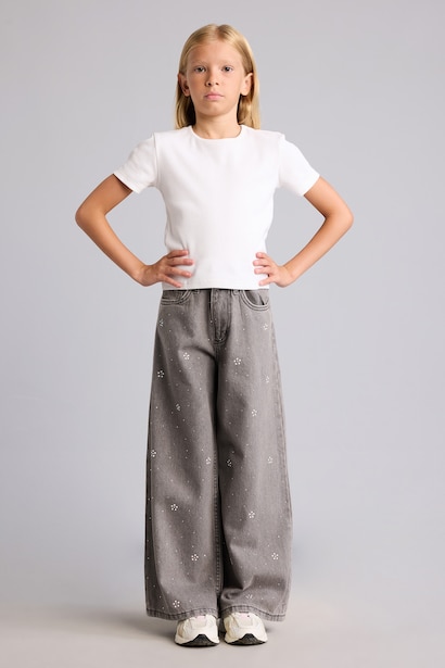 90's Wide Leg Desenli Pantolon Kız Çocuk