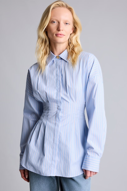 %100 Pamuk Fitted Bel Detaylı Çizgili Poplin Gömlek