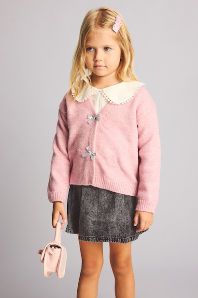 Baby Girl Basic V-Neck Knit Cardigan with Bow Detail