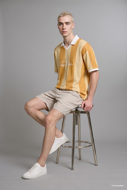 Boxy Fit Polo Yaka Çizgili Tişört