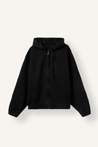 Oversize Fermuarlı Kapüşonlu Jean Ceket