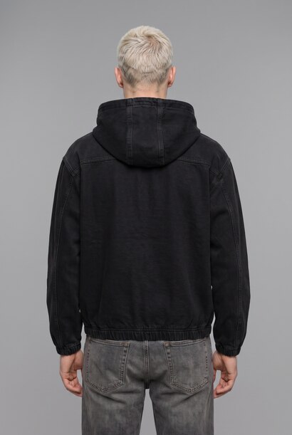 Oversize Fermuarlı Kapüşonlu Jean Ceket
