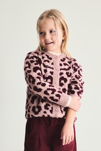 Baby Girl Basic Leopard Print Crew Neck Knit Cardigan