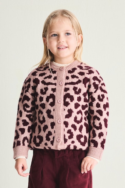 Baby Girl Basic Leopard Print Crew Neck Knit Cardigan