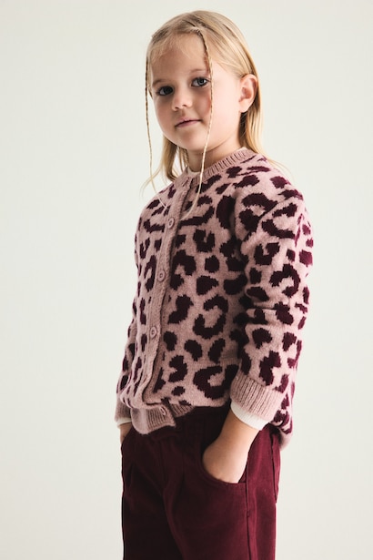 Baby Girl Basic Leopard Print Crew Neck Knit Cardigan