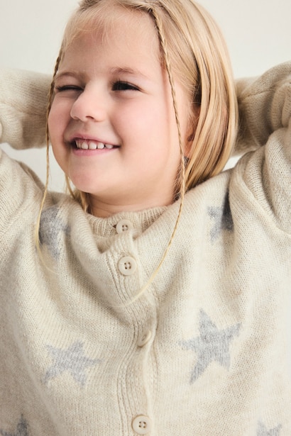 Baby Girl Star Print Crew Neck Knit Cardigan