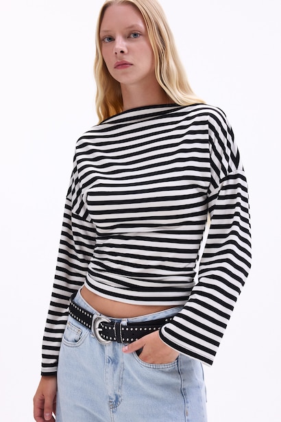 Loose Fit Boat Neck Striped T-Shirt