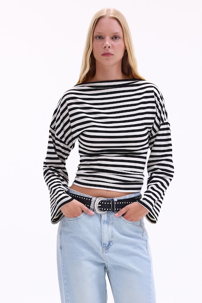 Loose Fit Boat Neck Striped T-Shirt