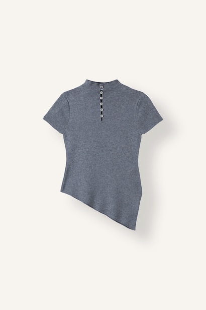Fitted Ultra-Soft Basic Asymmetric Short Sleeve Semi-High Neck Button-Up Pullover