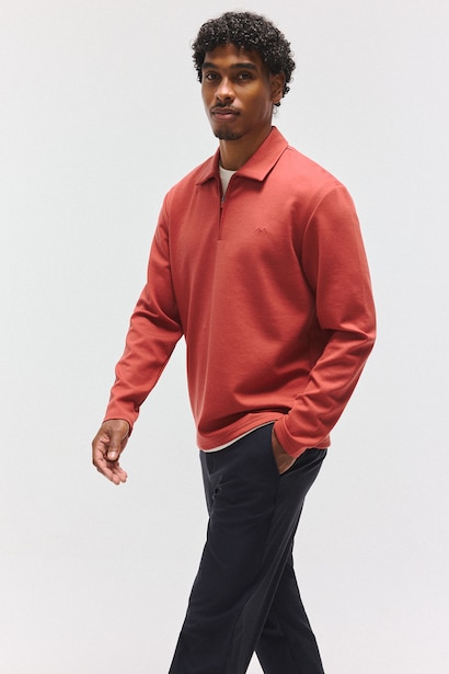 Standard Fit Basic Modal Long Sleeve Polo Collar Half-Zip Sweatshirt