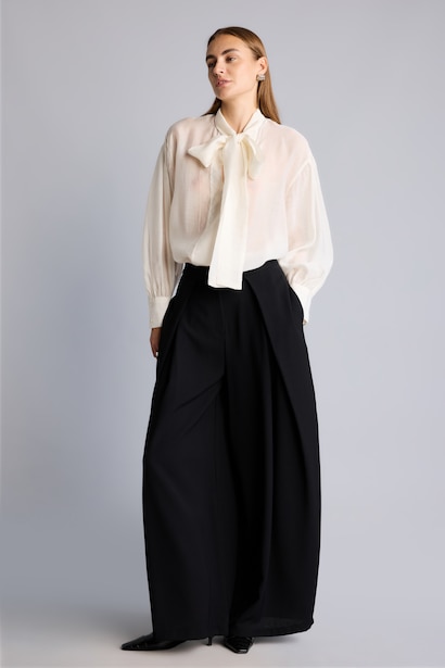 Pileli Wide Leg Krep Pantolon