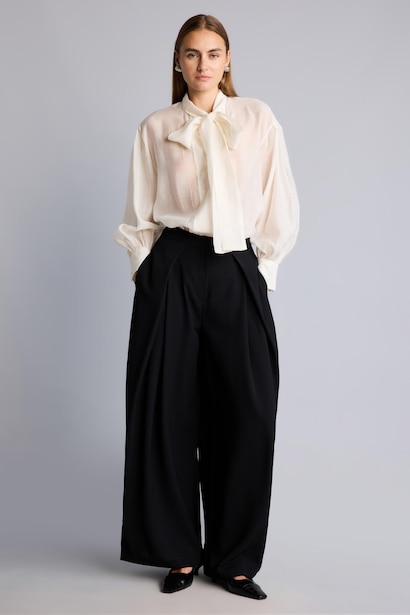 Pileli Wide Leg Krep Pantolon
