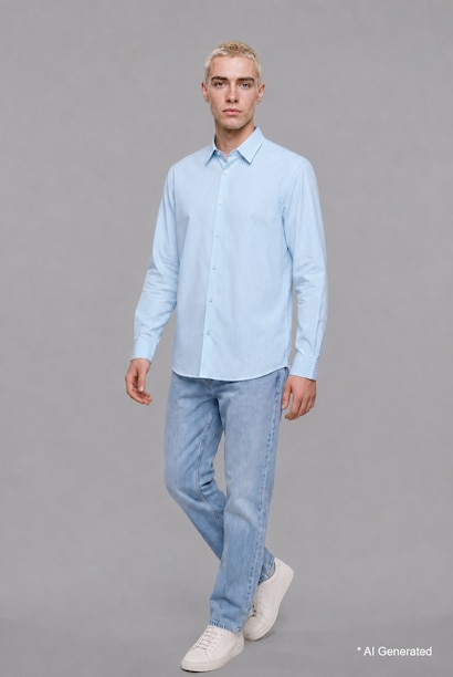 Boxy Fit Fine-Striped Cotton Long Sleeve Shirt