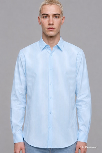 Boxy Fit Fine-Striped Cotton Long Sleeve Shirt