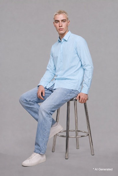 Boxy Fit Fine-Striped Cotton Long Sleeve Shirt