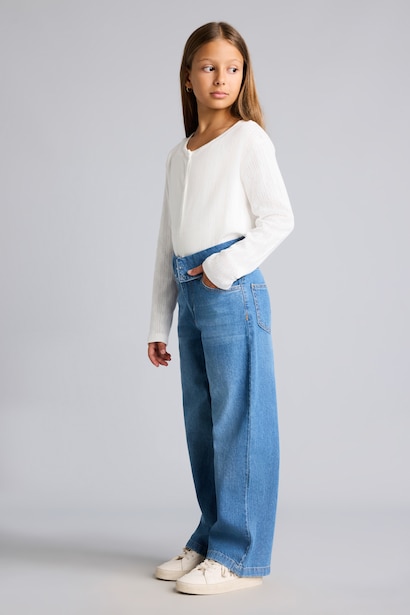 Kıvrık Bel Wide Leg Jean Pantolon Kız Çocuk
