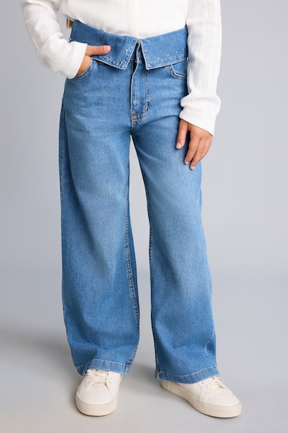 Kıvrık Bel Wide Leg Jean Pantolon Kız Çocuk
