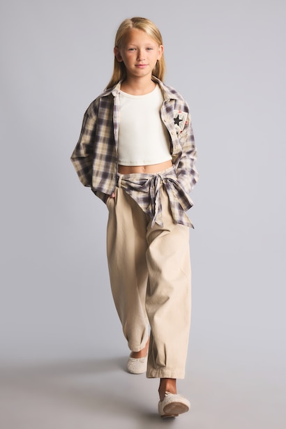 Ekose Kemerli Barrel Fit Pantolon Kız Çocuk