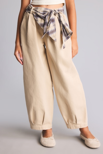 Ekose Kemerli Barrel Fit Pantolon Kız Çocuk