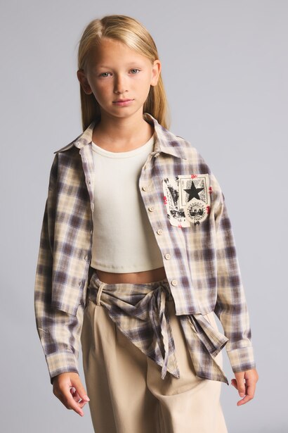 Relaxed Fit Ekose Crop Poplin Gömlek Kız Çocuk