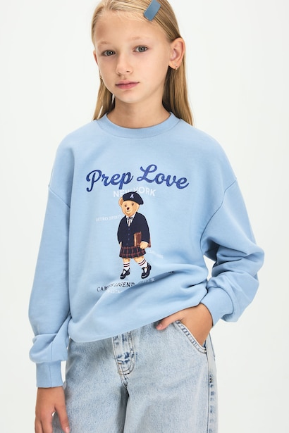 Girl Relaxed Fit Teddy Bear Print Crew Neck Sweatshirt
