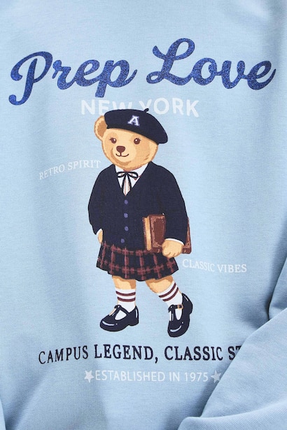Girl Relaxed Fit Teddy Bear Print Crew Neck Sweatshirt