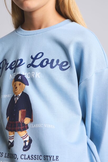 Relaxed Fit Ayıcık Baskılı Sweatshirt Kız Çocuk