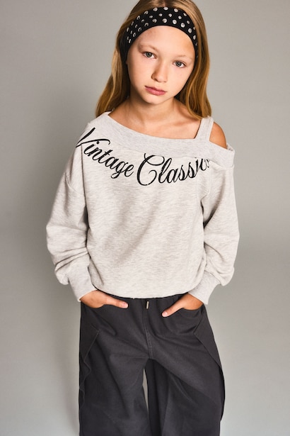 Baskılı Omzu Açık Sweatshirt Kız Çocuk