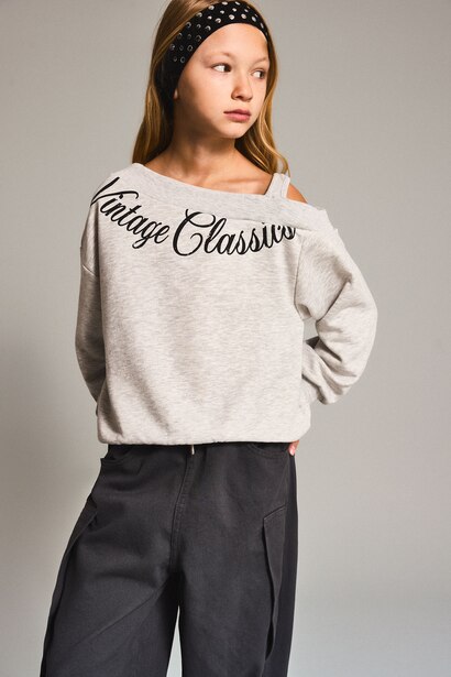Baskılı Omzu Açık Sweatshirt Kız Çocuk