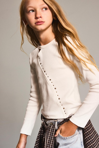 Slim Fit Taş Detaylı Kaşkorse Tişört Kız Çocuk