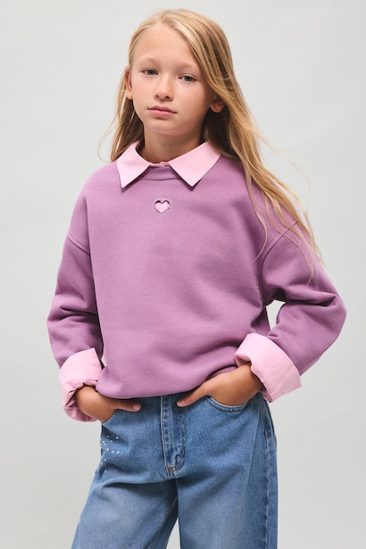 Girl Relaxed Fit Heart Motif Crew Neck Sweatshirt