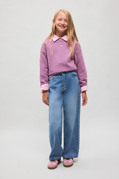 Girl Relaxed Fit Heart Motif Crew Neck Sweatshirt
