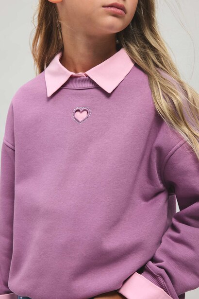 Girl Relaxed Fit Heart Motif Crew Neck Sweatshirt