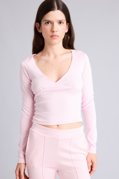 Fitted V Yaka Ribana Crop Basic Tişört