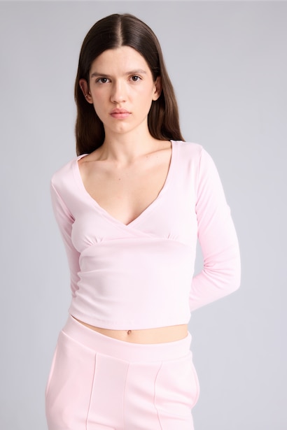 Fitted V Yaka Ribana Crop Basic Tişört