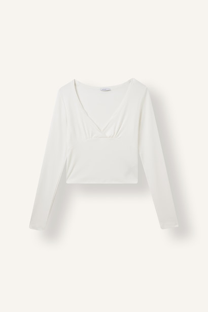 Fitted V Yaka Ribana Crop Basic Tişört