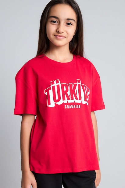 Baskılı Bisiklet Yaka Kız Çocuk Tişört