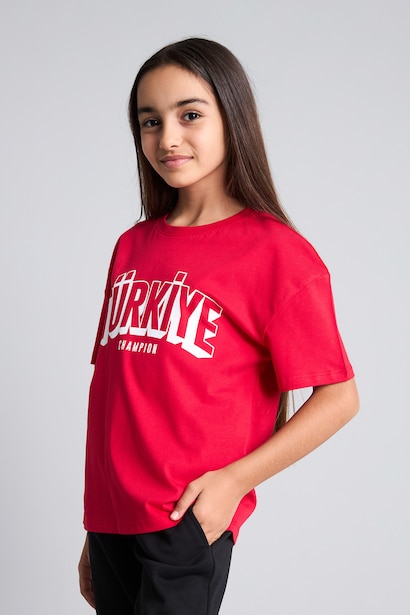 Baskılı Bisiklet Yaka Kız Çocuk Tişört