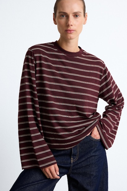 Oversize Çizgili Uzun Kollu Tişört