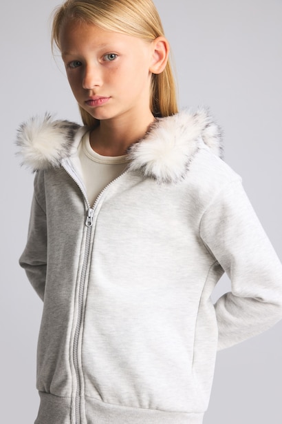 Kürklü Kapüşonlu Basic Hırka Sweatshirt Kız Çocuk