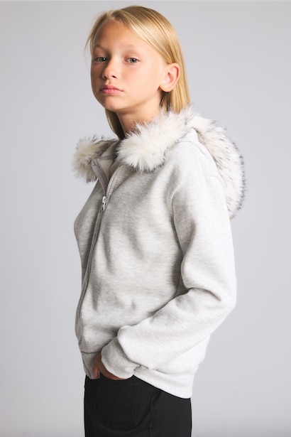 Kürklü Kapüşonlu Basic Hırka Sweatshirt Kız Çocuk