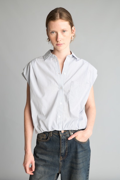 %100 Pamuk Çizgili Poplin Etek Ucu Lastikli Crop Gömlek