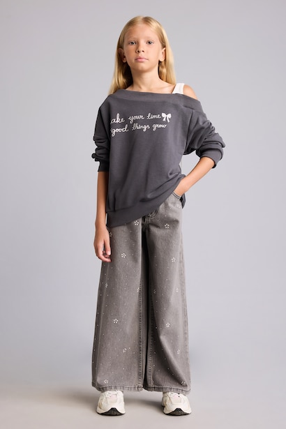 Regular Fit Slogan Off Shoulder Sweatshirt