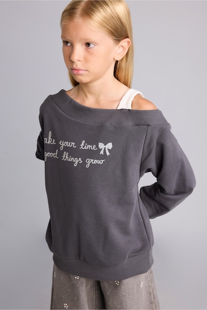 Regular Fit Slogan Off Shoulder Sweatshirt