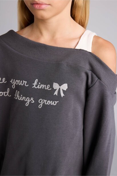Regular Fit Slogan Off Shoulder Sweatshirt