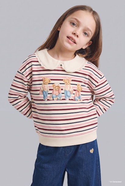 Çizgili Ayıcık Baskılı Bebe Yaka Sweatshirt