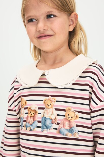 Baby Girl Teddy Bear Print Striped Sweatshirt