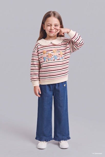 Çizgili Ayıcık Baskılı Bebe Yaka Sweatshirt