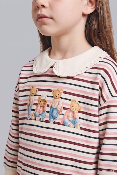 Çizgili Ayıcık Baskılı Bebe Yaka Sweatshirt